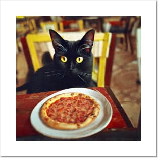 Black Cat Eating Pizza Posters and Art